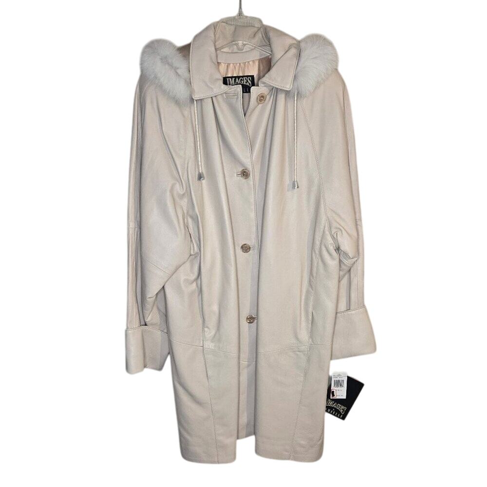 NWT Images by Damselle Premium Lamb Leather Nude Coat w/ Detachable Fox Fur Hood